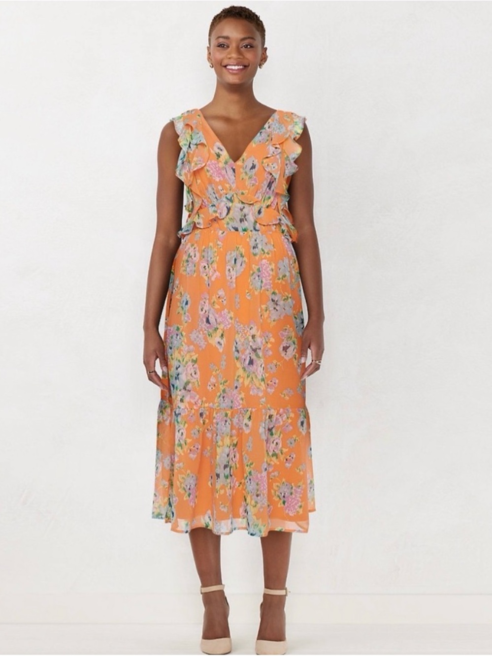 LC Lauren Conrad Floral Print Ruffle Midi Dress Tiered Sleeveless Peach Orange